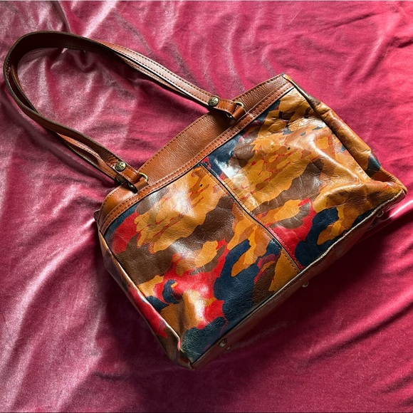 PATRICIA NASH • GENUINE ITALIAN LEATHER PARISIAN CAMO BROWN POPPY TOTE BAG